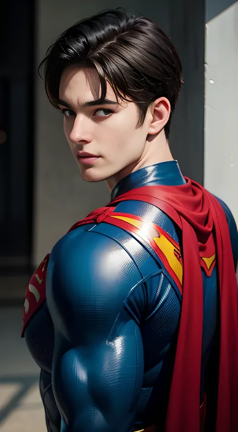 ((Men only)), (head shot), (face only), (back view),  (handsome muscular man in his 20s), (superman), (Superman, a fictional superhero, is characterized by his chiseled physique, blue eyes, dark hair, and iconic red and blue costume with a bold "S" emblem ...