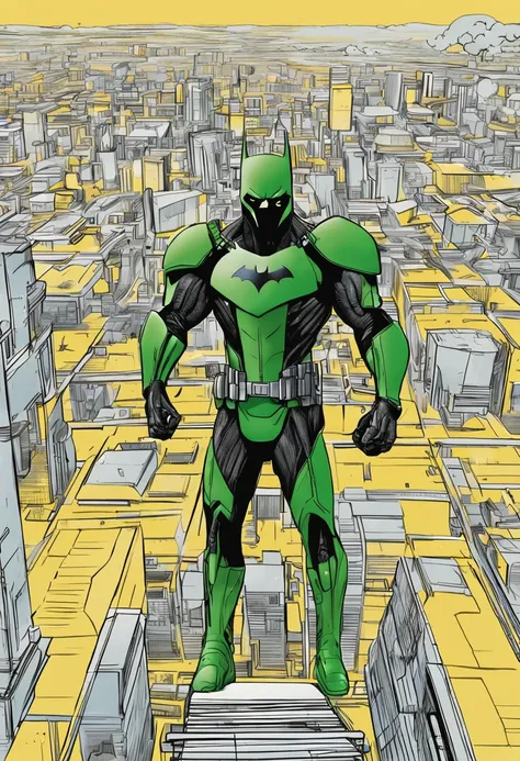 Um batman verde, amarelo e azul, brasileiro, realistic in a titanium cybernetic suit, detalhado, designe perfeito, alta qualidade arestas perfeitas e simetricas  ::n_desenho de estilo, Low-quality imperfection, boneco, jogo, anime