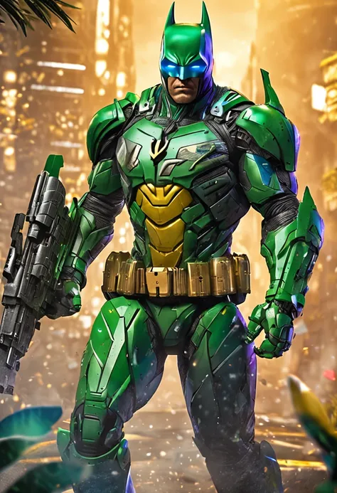 Um batman verde, amarelo e azul, brasileiro, realistic in a titanium cybernetic suit, detalhado, designe perfeito, alta qualidade arestas perfeitas e simetricas  ::n_desenho de estilo, Low-quality imperfection, boneco, jogo, anime