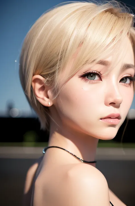 masutepiece、((Lifelike face))、(a blond、Boyish short-haired)、（Jaw size）、［Lip thickness］、［Distance between nose and eyes］、Lashes are modest、［proud］、［Hanging］、［Photorealistic anime girl face rendering］、（Less hair on the side in the foreground）、((back hair is ...