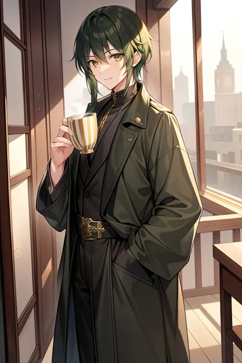 man，master pieces,youth,Golden eyes,Dark green hair,a black trench coat,whitesweater,Folding fan at the waist,Drink tea,Mild complexion,gentleness,ssmile