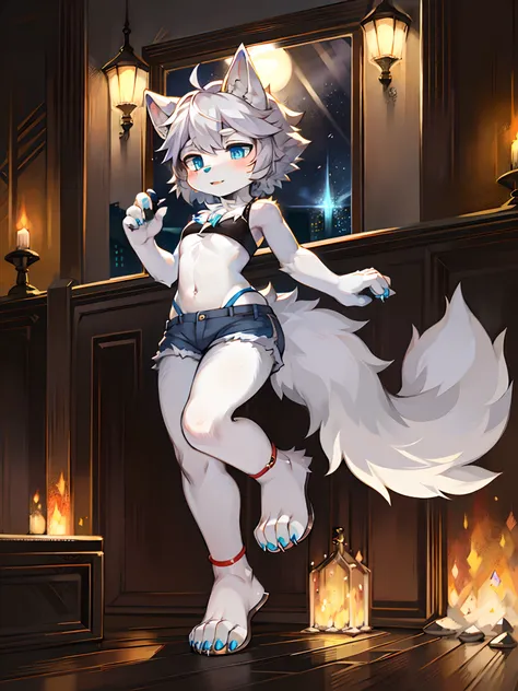 （tmasterpiece：1.2），（anatomy correct：1.1），（high qulity：1.5），（（（solo  anthropomorphic）））Furry_Transformation Wolf Flsona，1 Wolf girl，White fur，crystal blue eyes，（Celestial nose），White claws，White feet，canine hands，（Details dog feet：1.2），Black beans，Detail be...