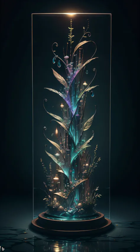 masterpiece of glass sculpture with plants inside, water, glowing, fantasy, high quality, high detail, best quality, rtx, 4k, 8k,