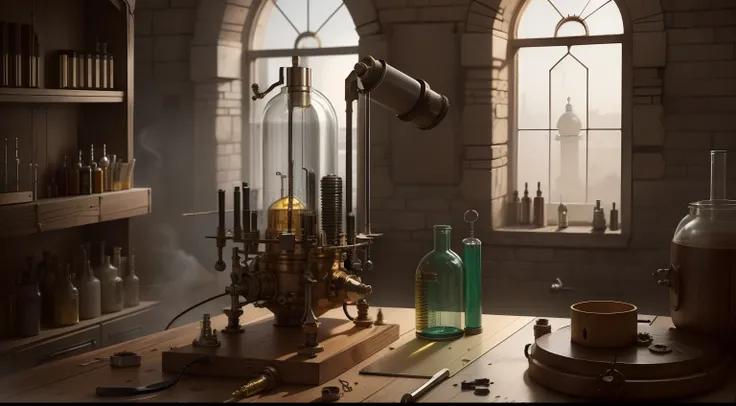 Alchemy Observatory，Ancient alien alchemy furnace，The shell is broken，Test tube catheter chemistry instrument with complex structure in background，（makina，Precision instruments）