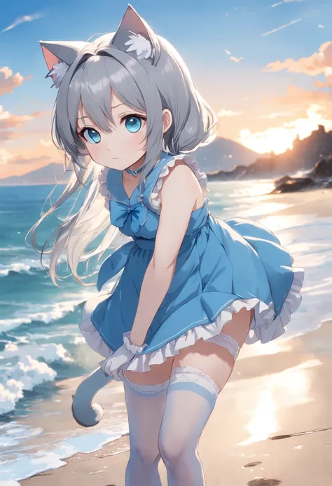 8K exquisite perfection Japanese manga style 2D silver hair cat ears azure blue eyes little loli wearing sky blue dress wearing white stockings Look ahead（Beach and sky in the background）