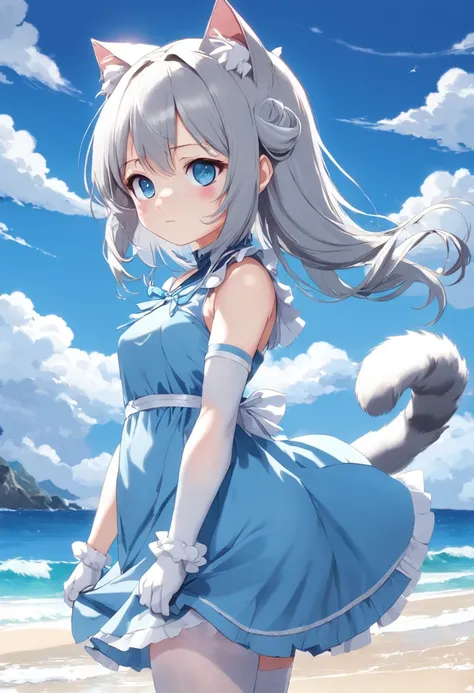 8K exquisite perfection Japanese manga style 2D silver hair cat ears azure blue eyes little loli wearing sky blue dress wearing white stockings Look ahead（Beach and sky in the background）