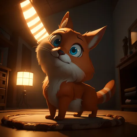 Raposa fofa no estilo de um filme da Pixar usa um capuz , The lighting, Cinematic lighting, 3d, prestar, hiper detalhado, 8k