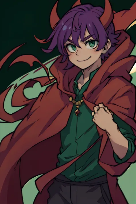 top-quality、Boy with purple hair、((Green eyes))、Devils horns and tail、((Deformed))、A smile、red cloak、Composition that reflects the whole body、No background