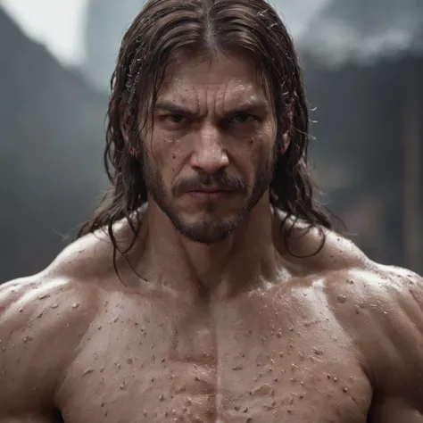 (professional 3d render:1.3) af (Realistic:1.3) The most beautiful artistic photo in the world，Soft function, Bright male hero, ((Epic hero fantasy rough muscular man wet hero angry looks long hair, short beard and fierce expression in dynamic pose, Fantas...