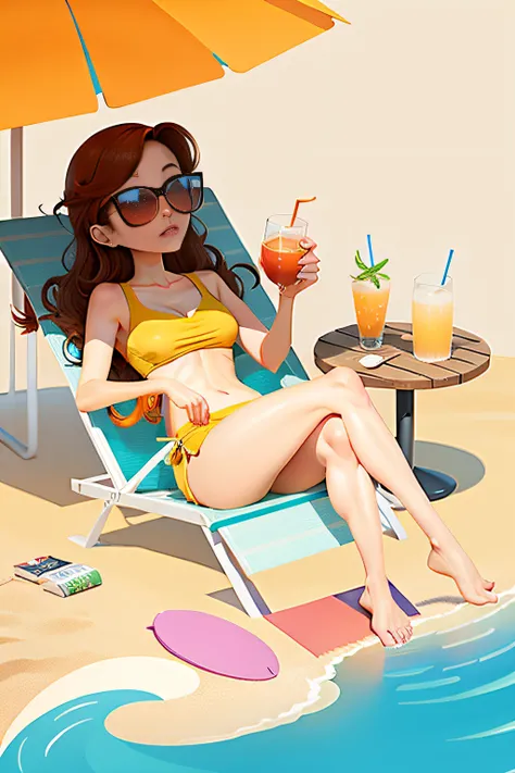 Character sunscreen illustration，there is a woman sitting on a beach chair with a drink, Sunbathing. illustration, Flat illustration, shaded flat illustration, in style of digital illustration, 数字插图 -, 2D illustration, 2 d illustration, Digital illustratio...