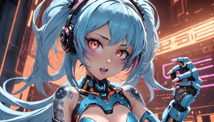 a cyber cyborg female Anthropomorphic beautiful - looking cyborg female dj djing energeticl lilvly excited raving , vibing with tattoos very thick moist lips perfect anatomy detailed face detailed fingers detailed mouth detailed skin detailed eyes detailed...