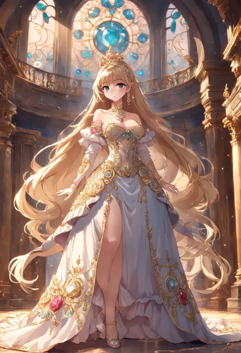 ((anime artstyle)),(Masterpiece),(Best Quality),(Super Detail),(Very Delicate and Beautiful),Solo,((full body,standing pose)),standing in the royal palace,((1 queen in jeweled gorgeous rococo ballgown with voluminous full length hoop skirt)),(crinoline),go...