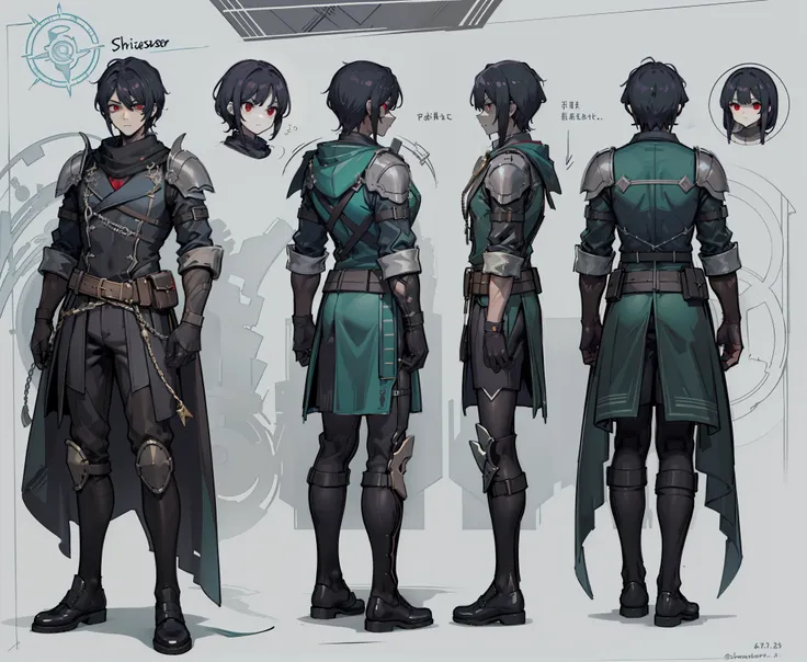 1man, reference sheet, matching outfit, (fantasy character sheet, front, back, left, right) leader of the shadow weavers, black ...