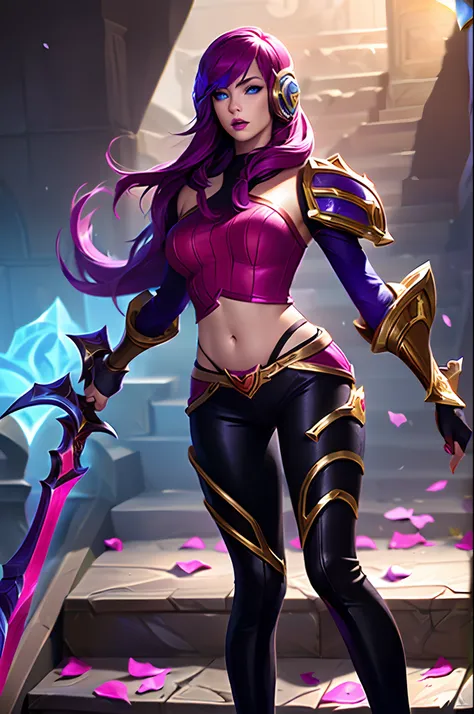 (league of legends:1.5),  fiora, 1girl, solo, breasts, looking at viewer, short hair, bangs, blue eyes, gloves, holding, medium ...