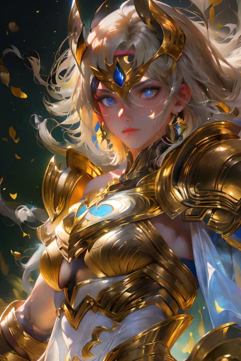 Ultra-high saturation，（tmasterpiece）， fully body photo，（best qualtiy）， （1girll）， starryskybackground，Wearing shiny gold armor， Sexy lingerie type armor，Expose your chest，Expose the waistline，Exposing thighs，cool-pose， Saint Seiya Armor， messy  hair，high de...