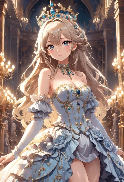 ((anime artstyle)),(Masterpiece),(Best Quality),(Super Detail),(Very Delicate and Beautiful),Solo,((full body,standing pose)),standing in the royal palace,((1 queen in jeweled gorgeous rococo ballgown with voluminous full length hoop skirt)),(crinoline),go...