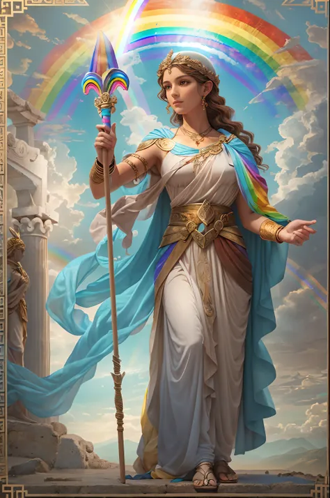 greek goddess of messenger and rainbow, with brown hair, wears greek tunic, holding a messenger staff, caduceus, (((rainbow))), blue sky, Greek Mythology, swift and bright atmosphere, description of ultrra-accurate hands, photorealistic, super detail, mast...