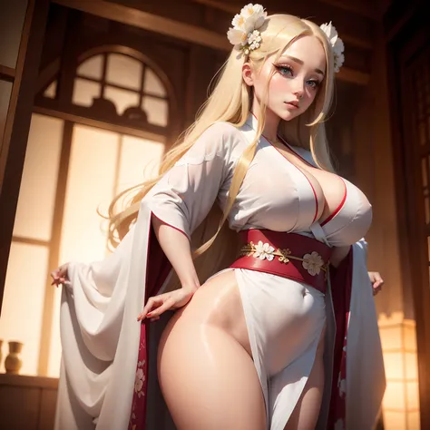 Sexy woman with big breasts with big eyes with long eyelashes with blonde long hair wearing white kimono posing with buttocks slightly visible