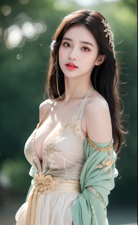 ((Best Quality, 8k, Masterpiece: 1.3)), Focus: 1.2, Perfect Body Beauty: 1.4, Buttocks: 1.2, ((Layered Haircut)), (Wet Clothes: 1.1), (Rain, Street:1.3), (Breasts: 1.2), (Hanfu: 1.2), Bare Shoulders, Bare Legs, Highly Detailed Face and Skin Texture, Fine E...