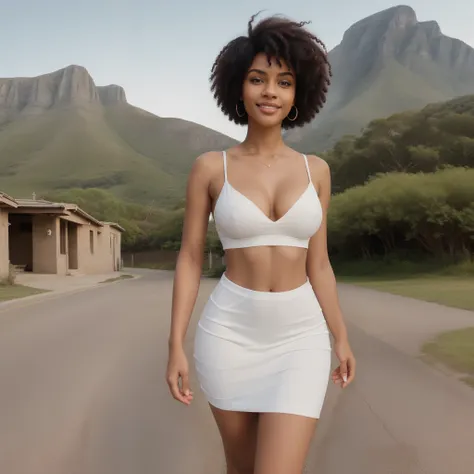 ultra-realistic image of a gorgeous south African 19 year old in a white dress and sneakers walking down a road, beautiful black teen, perfect face, perfect body, professional shot, clear nose, dark caramel skin tone, black hair, short curly afro, beautifu...