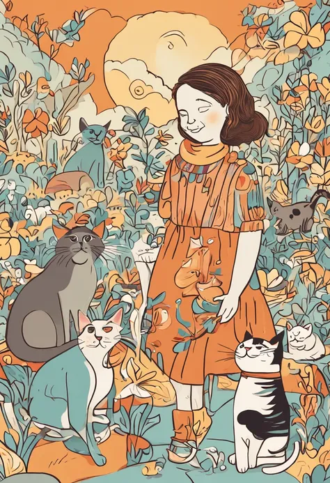 childrens story, menina que ama gatos, menina de 8 anos rodeada de gatos, Illustration in vivid and colorful style, Sunny scenery, happy and lively expressions, olhos brilhantes e curiosos, cabelos castanhos cacheados, colored ties in the hair, delicate an...