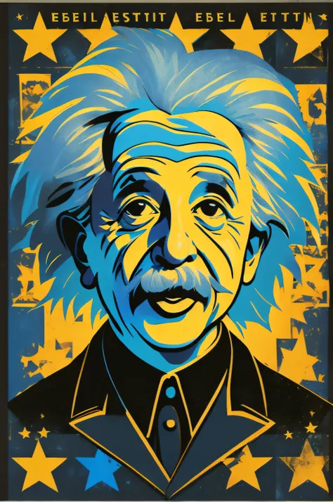 Prontec "Einstein Rebel": A print showing the iconic photo of Albert Einstein showing the tongue with a rebellious style. The image would be accompanied by modern and vibrant graphic elements, como raios, scientific stars and icons. As cores seriam em tons...