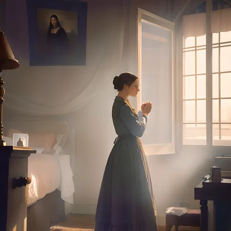 There is a girl standing in a room with a window, inspirado em Francesco Hayez, Florence Nightingale, inspirado em Vasily Perov, Morning light,