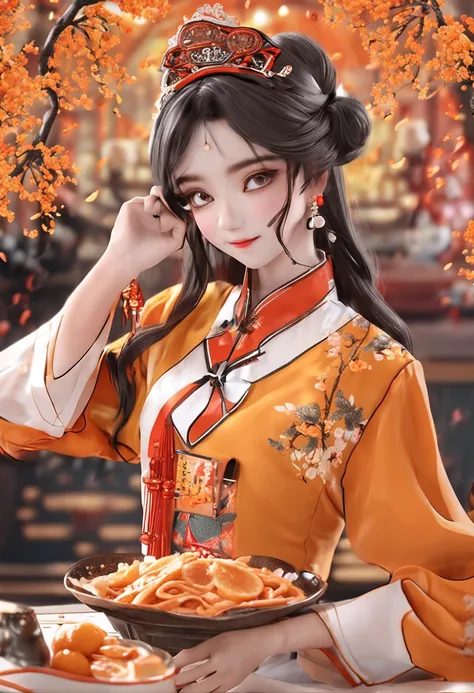 New Chinese costume matching，Orange and yellow food service industry girls outfit。