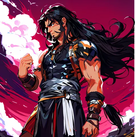 a barbarian warrior with long black hair with a white stripe