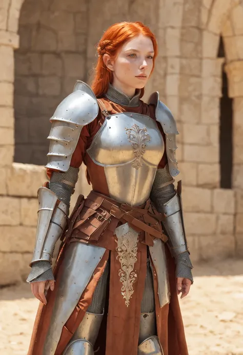 Detailed illustration of female ginger divine paladin wearing full plate armor, armadura fortemente danificada, ficar triste em um campo de batalha, Campo de batalha em chamas como pano de fundo, sujeira, misery and decay, ambiente escuro, Arte por Mschiff...