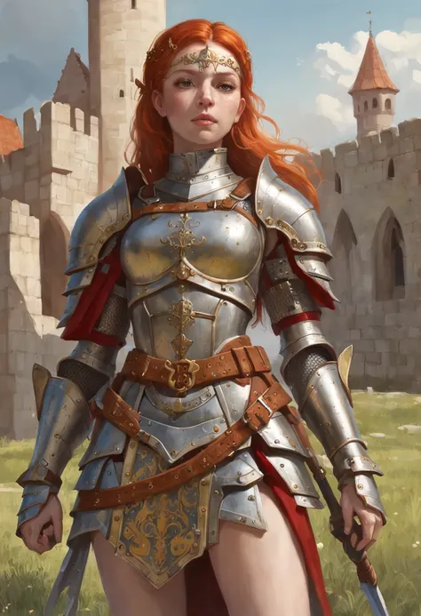 Detailed illustration of female ginger divine paladin wearing full plate armor, armadura fortemente danificada, ficar triste em um campo de batalha, Campo de batalha em chamas como pano de fundo, sujeira, misery and decay, ambiente escuro, Arte por Mschiff...