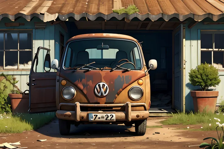 the courtyard of the family home features the presence of an old volkswagen california. abandoned t1 model, over time，it clearly...