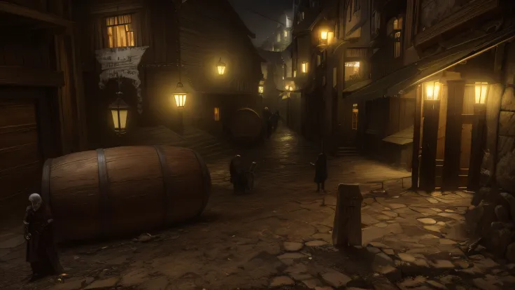 Vista ararísta, de uma rua com um barril e um homem ao lado, As ruas de Baldurs Gate, Riften City ao fundo, Cidade de Vivec, tabernas estilo de vida nocturno, Whiterun no estilo da Pixar, a bustling magical town, Mordor como uma cidade movimentada, cidade ...