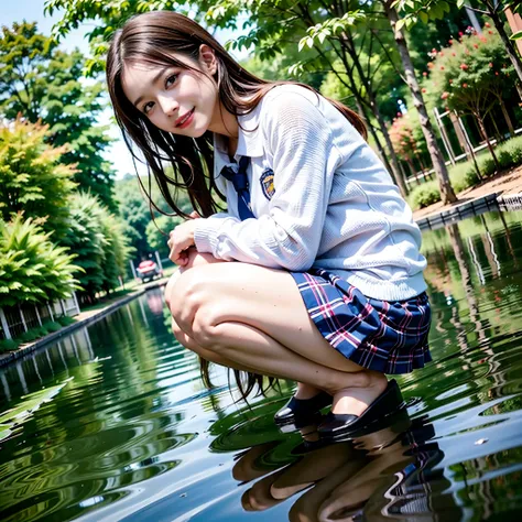 (((Reflection Panty Shot))),(White panties and camel toe reflected in puddle),(((Wide shot)))),Squatting in a puddle,1 woman,Schoolgirl uniform,Plaid skirt,Beautiful woman in Japan,,Masterpiece:1.5,Best Quality,Ultra Detail,High Definition,8K,Beautiful fac...