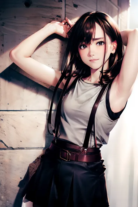 a black skirt, Tank tops　suspenders, Brown hair short, Gray eyes, holster, Garter belt on the legs, moderate chest and tight clothes, 　　 a belt　Armpit sweat　　deadpan