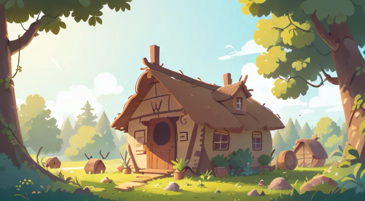 Picture book illustration,Old thatched hut in the wild,The background is blue sky and white clouds,handpainted,cartoonish and simplistic, hand-drawn animation, full page illustration, Noise effect, 児童書