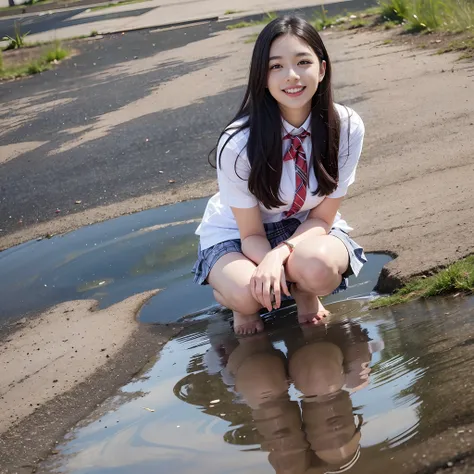 (((Reflection Panty Shot))),(White panties and camel toe reflected in puddle),(((Wide shot)))),Squatting in a puddle,1 woman,Schoolgirl uniform,Plaid skirt,Beautiful woman in Japan,,Masterpiece:1.5,Best Quality,Ultra Detail,High Definition,8K,Beautiful fac...