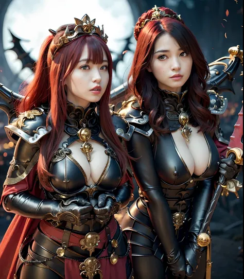 (masutepiece), Professional , ​masterpiece、top-quality、photos realistic , depth of fields （Gemstone Black Metal Body:1.９),(Matte Black、（cleavage of the breast）、Dragon Gold Weapon（Dragon Metal Body:1.４),Gorgeous Silver Weapons ,（（ Dragons dense and gorgeous...