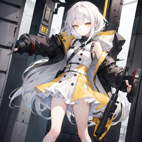 1girl，white color hair，Hair shoulder length，Yellow pupil，Wearing a black trench coat，black short skirt，Straps are tied around the legs，Half of the face has blood，horrified expression，Carrying a shotgun