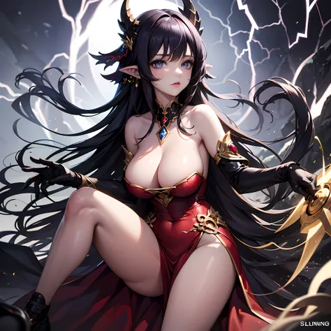 "An enchanting and seductive monster girl, with mesmerizing, captivating eyes, clad in an elegant and alluring one-piece long dress, showcasing her irresistible charm in a mysterious and captivating setting, wielding the power of lightning magic. lund