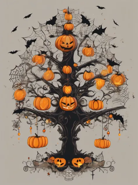 isolated vector art of a Christmas tree composed of iconic Halloween elements such as pumpkins, bats, spiderwebs, and cauldrons. Use dark and rich colors to create a mysterious yet cheerful atmosphere. This design captures the unique fusion of two beloved ...