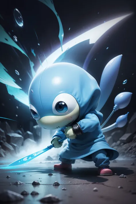 Pikmin style　the body is blue　Freezing around　get angry　Stance　illustratio　fight