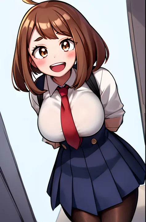 horikoshi kouhei, 1girl, :d, absurdres, arms behind back, bangs, blush, boku no hero academia, breasts, brown eyes, brown hair, fengling (furin-jp), highres, looking at viewer, large breasts, open mouth, pantyhose, school uniform, short hair, sidelocks, sm...