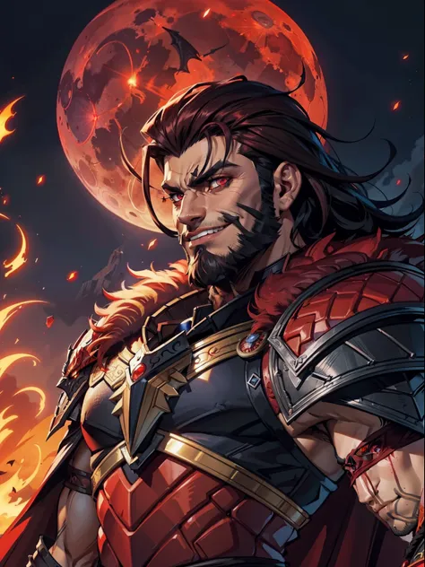 dark night blood moon background, hades style, game portrait. sadurang from marvel, hunk, buffed physics, short mane hair, mulle...