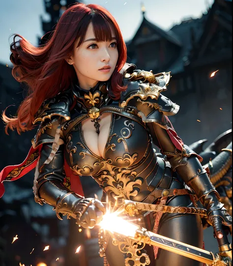 (masutepiece), Professional , ​masterpiece、top-quality、photos realistic , depth of fields （Gemstone Black Metal Body:1.９),(Matte Black、（cleavage of the breast）、Dragon Gold Weapon（Dragon Metal Body:1.４),Gorgeous Silver Weapons ,（（ Dragons dense and gorgeous...