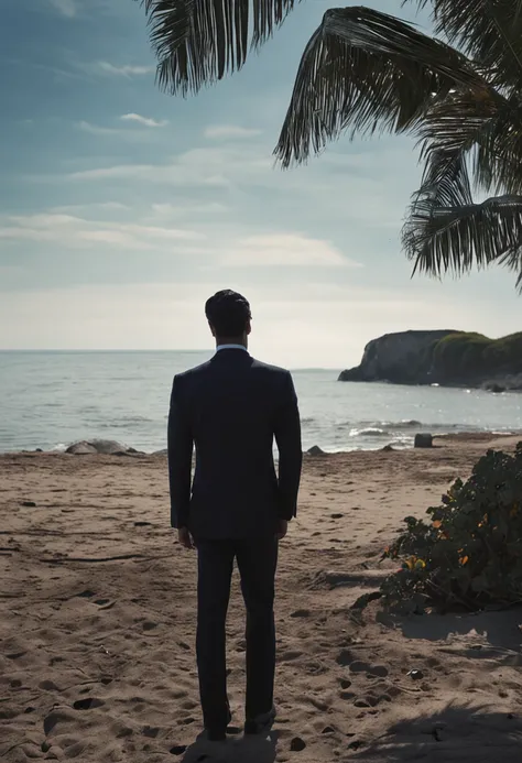 man dark tall handsome wear bluesuit black hair red tie on the beach near big tree