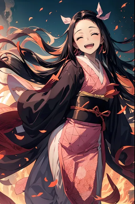 anime, hdr, luz suave, ((best quality)), ((master part)), (circunstanciado), nezuko, cabelos pretos, testa, boca aberta sorrindo...