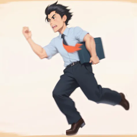 Caricature of a man running with a briefcase and tie, running pose, dynamic moving pose, rotoscoped, Dynamic pose, jumping posture, wikihow, wikihow illustration, character is flying, fubuki, extremely dynamic person, he is carrying a black briefcase, 2 d ...