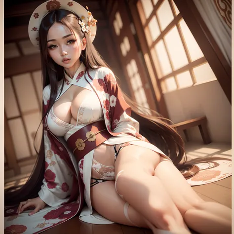 Sexy woman with outstanding style with long hair of bright brown color wearing white patterned kimono with long eyelashes spread legs