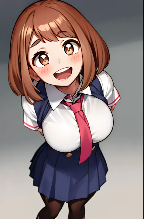 horikoshi kouhei, 1girl, :d, absurdres, arms behind back, bangs, blush, boku no hero academia, breasts, brown eyes, brown hair, fengling (furin-jp), highres, looking at viewer, large breasts, open mouth, pantyhose, school uniform, short hair, sidelocks, sm...